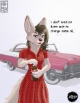  absurd_res canid canine car clothed clothing dress fennec fox hi_res inktober inktober2023 inktoberchallenge mammal pawprincess polka_dots retro sandy_fur vehicle vintage 