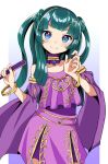  1girl bangle bare_shoulders blue_eyes blunt_bangs blush bracelet braid ceros choker closed_mouth collarbone cowboy_shot detached_sleeves fingernails folded_fan folding_fan gradient_background gradient_eyes green_hair hair_ornament hand_fan hands_up holding holding_fan idol_land_pripara idol_time_pripara jewelry long_hair long_sleeves looking_at_viewer multicolored_eyes nail_polish neck_ring pretty_(series) pripara purple_background purple_choker purple_nails purple_shirt purple_skirt shirt sidelocks simple_background skirt sleeveless sleeveless_shirt smile solo standing strapless strapless_shirt tsukikawa_chiri two_side_up white_background wide_sleeves 