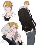  1boy balnom bara blonde_hair blush_stickers cigarette expressionless expressions feet_out_of_frame grin highres hood hood_down light_smile looking_at_viewer male_focus mature_male multiple_views original short_hair sideburns smile thick_eyebrows 