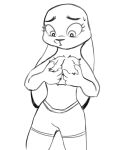 anthro bodily_fluids boxers_(clothing) clothed clothing dewlap_(anatomy) disney ears_down female hi_res judy_hopps lagomorph leporid line_art mammal pivoted_ears rabbit simple_background solo spoof_(artist) sweat topless underwear white_background zootopia 