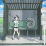  1girl absurdres bench black_eyes black_hair black_shorts blue_sky bus_stop bus_stop_sign cloud day food fossil highres holding holding_food holding_popsicle okura_lino original outdoors popsicle scenery shirt short_hair shorts sitting sky solo white_shirt 