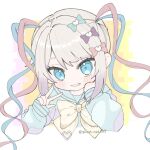  1girl blonde_hair blue_bow blue_eyes blue_hair blue_shirt blush bow chouzetsusaikawa_tenshi-chan ghost_cat303 hair_bow hand_on_own_cheek hand_on_own_face long_hair long_sleeves looking_at_viewer multicolored_hair needy_girl_overdose open_mouth pink_bow pink_hair purple_bow quad_tails sailor_collar shirt smile solo twintails twitter_username upper_body v very_long_hair yellow_bow 