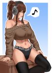  1girl breasts brown_hair burstexceed headphones highres long_sleeves musical_note navel_piercing off-shoulder_sweater off_shoulder original parted_lips piercing spoken_musical_note sweater thighhighs underwear 