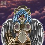  2023 abs alyk_(zardoseus) angel anthro areola big_breasts blue_hair breasts canid canine digital_media_(artwork) ear_piercing eyelashes feathered_wings feathers female fluffy fox fur genitals gold_(metal) gold_jewelry hair halo hi_res huge_breasts jewelry mammal muscular muscular_anthro nipple_piercing nipples nude piercing pussy smile solo tail thick_thighs wide_hips wings zardoseus 