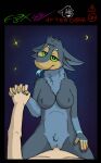  anthro blue_tongue cowgirl_position duo female foxengine84 from_front_position green_eyes hand_holding hi_res human male male/female mammal maru_(species) moon multi_ear naturally_censored neck_tuft night nipple_tuft on_bottom on_top sex sky tongue tongue_out tuft 