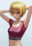  1girl absurdres ano_(gccx8784) armpits arms_up blonde_hair blush breasts collarbone crop_top grey_sports_bra highres idolmaster idolmaster_shiny_colors looking_at_viewer mouth_hold navel pink_eyes pink_shirt rubber_band saijo_juri shirt short_hair simple_background small_breasts solo sports_bra sweatdrop white_background wristband 