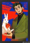  1boy animal bara beard black_hair chinese_zodiac eyebrow_cut facial_hair formal green_eyes green_suit happy_new_year highres holding holding_animal male_focus multicolored_hair original powerlesssong rabbit short_hair solo suit thick_eyebrows translation_request two-tone_hair upper_body year_of_the_rabbit 