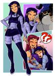  3girls ? ?? ass_grab black_nails blackfire blush breasts centinel303 closed_eyes colored_skin crop_top dc_comics grey_skin headpat highres large_breasts long_hair multiple_girls open_mouth parted_lips purple_eyes purple_hair raven_(dc) red_hair smile smug speech_bubble spoken_question_mark starfire teen_titans teeth upper_teeth_only yuri 