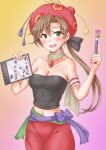  1girl akigumo_(kancolle) alternate_costume anti_(untea9) art_brush breasts brown_hair cleavage commission crop_top drawing_tablet final_fantasy final_fantasy_vi gradient_background green_eyes hair_ribbon highres holding holding_paintbrush jewelry kantai_collection long_hair looking_at_viewer midriff mole mole_under_eye navel necklace open_mouth paintbrush pants pink_background pixiv_commission ponytail relm_arrowny ribbon shirt sleeveless sleeveless_shirt solo strapless stylus tube_top waist_sash 