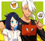  1boy 1girl :d :o black_hair blush clenched_hands commentary_request friede_(pokemon) green_background hair_ornament hair_over_one_eye hairclip hands_up highres ichi_(1dotdot_151) liko_(pokemon) nacli open_mouth pawmi pokemon pokemon_(anime) pokemon_horizons rotom rotom_phone shirt short_sleeves smile sparkle spoken_character tablet_pc teeth tongue upper_teeth_only white_hair white_shirt yellow_eyes 