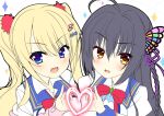  2girls :d ahoge aria. artist_name black_hair blonde_hair blue_collar blue_eyes blush bow braid butterfly_hair_ornament close-up collar commentary english_text eyelashes eyes_visible_through_hair fang hair_between_eyes hair_ornament hair_ribbon hairclip heart heart_hands heart_hands_duo jougasaki_ayaka kin-iro_loveriche kisaki_reina long_sleeves looking_at_viewer multiple_girls open_mouth orange_eyes pom_pom_(clothes) purple_ribbon red_bow ribbon school_uniform shirt side-by-side simple_background single_braid smile sparkle straight_hair twintails v-shaped_eyebrows wavy_hair white_background white_shirt wing_collar 