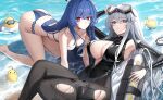  2girls absurdres all_fours azur_lane bare_shoulders barefoot bikini black_leotard black_pantyhose blue_bikini blue_eyes blue_hair blush breasts character_request cleavage closed_mouth commentary english_commentary enterprise_(azur_lane) goggles goggles_on_head grey_hair highres jeze large_breasts leotard long_hair looking_at_viewer lying manjuu_(azur_lane) multiple_girls on_back outdoors pantyhose parted_lips purple_eyes scuba_tank swim_goggles swimsuit thigh_strap thighs water wet 