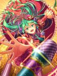  1girl fantasy flying green_eyes green_hair hatsune_miku highres long_hair looking_at_viewer microphone minatsu_yui palace skirt smile solo twintails vocaloid 