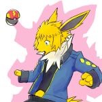  2022 3_fingers 4_fingers arms_free blonde_hair blue_eyes bodily_fluids bottomwear clothing digital_drawing_(artwork) digital_media_(artwork) eeveelution fangs fast_ball fingers fur generation_1_pokemon glowing gym_leader hair hi_res implied_transformation jacket jolteon long_ears male mid_transformation neck_tuft nintendo open_mouth outline pants pokeball pokemon pokemon_(species) shirt simple_background small_nose solo species_transformation spikey_tail spiky_hair surprise sweat sweatdrop teeth thunder topwear transformation tuft tyogebou volkner_(pokemon) waist_up white_background yellow_body yellow_fur 