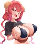  1girl :d absurdres bikini black_bikini black_shirt breasts clothes_lift dragon_girl dragon_horns fang highres horns huge_breasts ilulu_(maidragon) kobayashi-san_chi_no_maidragon long_hair looking_at_viewer low_twintails navel oppai_loli pointy_ears red_eyes red_hair shirt shirt_lift sideboob simple_background skin_fang slit_pupils smile solo sonao swimsuit t-shirt twintails underboob upper_body white_background yellow_horns 