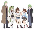  2boys 3girls :t absurdres alternate_costume animal_ears belt black_skirt blue_jacket boots brown_coat brown_hair buttons closed_mouth coat collared_shirt commentary_request crepe eyepiece food food_on_face garter_straps genderswap genderswap_(mtf) ghetsis_(pokemon) glasses green_hair hand_in_pocket hand_up highres hilbert_(pokemon) hilda_(pokemon) holding jacket korean_commentary long_hair long_sleeves multiple_boys multiple_girls n_(anniversary_2021)_(pokemon) n_(pokemon) necktie open_clothes open_coat open_jacket p_(flavorppp) pants pleated_skirt pokemon pokemon_(game) pokemon_bw pokemon_masters_ex red_belt shirt shoes short_hair simple_background skirt socks standing sweater tail thighhighs white_background white_shirt white_thighhighs 