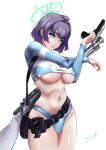  1girl absurdres bikini blue_archive blue_bikini blue_eyes breasts competition_swimsuit green_halo gun halo highres large_breasts light_machine_gun non-web_source official_alternate_costume one-piece_swimsuit panties purple_hair rabbit_platoon_(blue_archive) saki_(blue_archive) sexy_or_cute? short_hair swimsuit two-tone_swimsuit underwear weapon 