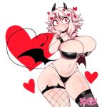  1girl biotari black_horns black_panties blush breasts demon demon_girl demon_horns demon_tail demon_wings fishnet_thighhighs fishnets heart heart-shaped_pupils helltaker highres horns modeus_(helltaker) navel panties red_eyes symbol-shaped_pupils tail thighhighs underwear white_background white_hair wings 