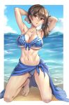  1girl arms_behind_head arms_up bare_shoulders beach bikini blue_bikini blue_sarong breasts brown_eyes brown_hair collarbone commission highres kaga_(kancolle) kantai_collection kneeling kokuzou large_breasts looking_at_viewer medium_hair navel ocean sarong short_sidetail side_ponytail skeb_commission solo swimsuit 