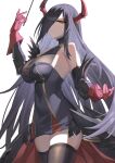  1girl absurdres angel_no_shousou azur_lane bare_shoulders black_dress black_hair black_thighhighs breasts cowboy_shot detached_sleeves dress friedrich_der_grosse_(azur_lane) gloves gold_trim hair_over_one_eye highres large_breasts long_hair looking_at_viewer red_gloves see-through short_dress simple_background solo thighhighs very_long_hair white_background yellow_eyes zettai_ryouiki 