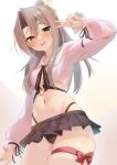  1girl black_panties blush brown_eyes cowboy_shot crop_top fingernails hair_between_eyes high_ponytail highleg highleg_panties highres kantai_collection light_brown_hair long_hair long_sleeves navel open_mouth panties pink_shirt sakieko shirt smile solo thigh_strap underwear v zuihou_(kancolle) 