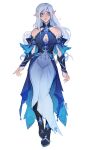  1girl armor bare_shoulders birmit blue_eyes breasts commentary dress elf english_commentary full_body grey_hair hair_between_eyes highres long_hair medium_breasts original parted_lips pointy_ears simple_background solo standing teeth white_background 