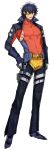  1boy archived_source belt blue_gloves blue_hair eyepatch full_body garchomp gloves high_collar katagiri_hachigou legs_apart male_focus open_mouth personification pokemon red_eyes short_hair simple_background solo standing two-tone_gloves white_background white_gloves yellow_belt 
