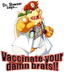  4_fingers bowser claws clothing coat doctor dr._bowser dr._mario fangs fingers gesture hair hi_res horn humor koopa looking_at_viewer male mario_bros mathewmii medical_instrument nintendo pointing pointing_at_viewer red_hair scalie scientific_instrument shell solo spiked_shell spikes spikes_(anatomy) stethoscope teeth tongue topwear 