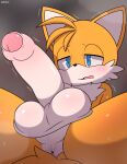 2023 absurd_res anthro anus balls big_penis canid canine close-up first_person_view foreskin fox fur genitals hi_res humanoid_genitalia humanoid_penis kaffii low-angle_view male mammal miles_prower nude penis sega solo sonic_the_hedgehog_(series) white_body white_fur yellow_body yellow_fur 