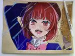  1girl :d arima_kana arm_behind_head baseball_mitt beret blue_jacket blush bob_cut bow bowtie brown_headwear collared_shirt colored_pencil_(medium) commentary cropped_torso czyrus_27 dated hat highres inverted_bob jacket long_sleeves looking_at_viewer open_mouth oshi_no_ko pink_bow pink_bowtie red_eyes red_hair romaji_commentary school_uniform shirt signature smile solo teeth traditional_media white_shirt youtou_high_school_uniform 