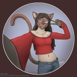  anthro bottomwear brown_hair clothed clothing denim denim_clothing domestic_cat eyewear felid feline felis female fully_clothed fur gesture glasses hair hi_res jeans junko_katou long-sleeved_shirt mammal midriff navel nerd one_eye_closed oneflymagpie pants round_glasses selfie solo standing tan_body tan_fur v_sign wink 