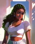  1girl breasts brown_eyes brown_hair commentary crop_top dark-skinned_female dark_skin denim english_commentary green_hair high-waist_pants highres jeans jewelry lips little_thunder medium_breasts midriff necklace original pants realistic shade solo tears upper_body wavy_hair 