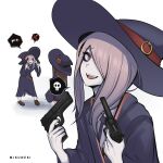  2girls absurdres brown_hair dress gun hair_over_one_eye hand_pointing_a_gun_(meme) hat highres holding holding_gun holding_weapon kagari_atsuko little_witch_academia long_hair looking_at_viewer luna_nova_school_uniform meme mikuneki multiple_girls open_mouth pale_skin pink_hair red_eyes school_uniform smile sucy_manbavaran weapon witch witch_hat 