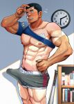  1boy abs armpit_hair bandaid bandaid_on_chest bandaid_on_face bandaid_on_forehead bara baseball_bat black_hair blush book bookshelf bulge clock covered_penis dark-skinned_male dark_skin erection erection_under_clothes gauze_on_cheek grey_male_underwear hand_on_own_hip highres large_pectorals male_focus male_underwear muscular muscular_male navel navel_hair nipples original pectorals scratching_head short_hair shoulder_brace sideburns solo suamaru sweatdrop tan tanlines thick_eyebrows topless_male underwear wall_clock 