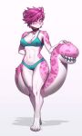  absurd_res anthro bell bell_collar bikini blue_eyes blush clothing collar felid feline female fur hair hi_res mammal multicolored_body multicolored_fur pgm300 pink_body pink_fur pink_hair simple_background solo spots spotted_body spotted_fur swimwear tail two_tone_body two_tone_fur unusual_anatomy unusual_tail white_body white_fur 