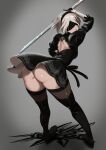  1girl ass back_cutout black_blindfold black_dress black_hairband black_thighhighs blindfold boots clothing_cutout dress feather-trimmed_sleeves feather_trim from_behind hairband highres holding holding_sword holding_weapon juliet_sleeves knee_boots long_sleeves medium_hair nier:automata nier_(series) puffy_sleeves short_dress solo sword thighhighs thighhighs_under_boots toyo_syumi weapon white_hair yorha_no._2_type_b 