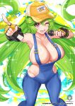  1girl ;d absurdres bare_shoulders baseball_cap breasts character_request commentary_request eyeshadow feet_out_of_frame fingerless_gloves gloves green_hair hair_between_eyes hat highres large_breasts long_hair looking_at_viewer makeup nez-box one_eye_closed open_mouth overalls purple_eyes smile solo thighs very_long_hair yellow_gloves yellow_headwear 