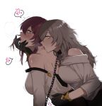  2girls absurdres bare_shoulders black_gloves blush breasts chain choker finger_in_another&#039;s_mouth from_side gloves grey_hair heart highres honkai:_star_rail honkai_(series) kafka_(honkai:_star_rail) large_breasts licking licking_neck long_hair long_sleeves looking_at_another multiple_girls off_shoulder open_mouth purple_eyes purple_hair saliva saliva_trail shirt simple_background stelle_(honkai:_star_rail) trailblazer_(honkai:_star_rail) upper_body white_background white_shirt yellow_eyes yuri zovokia 