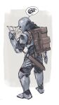  1other armor armored_boots backpack bag belt boots brown_bag brown_belt fish from_behind full_armor full_body gauntlets highres holding holding_map knight map nameno92372763 original sheath sheathed solo speech_bubble spoken_squiggle squiggle standing sword weapon 