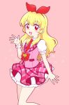  1girl :d aikatsu! aikatsu!_(series) blonde_hair blush bow collared_shirt commentary frilled_skirt frills hair_bow hairband hand_up highres hoshimiya_ichigo long_hair looking_at_viewer nae_(rno) necktie open_mouth pink_background pink_skirt pink_vest puffy_short_sleeves puffy_sleeves red_bow red_eyes red_hairband red_necktie shirt short_sleeves simple_background skirt smile solo standing symbol-only_commentary vest white_shirt wrist_cuffs 