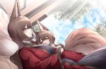  2girls =_= absurdres age_difference aged_down amagi-chan_(azur_lane) amagi_(azur_lane) animal_ear_fluff animal_ears azur_lane between_breasts blue_sky blush breasts bridal_gauntlets brown_tail closed_mouth cloud cloudy_sky commentary dated_commentary dual_persona dutch_angle fox_ears fox_girl fox_tail from_side gloves hair_ornament head_between_breasts highres hug japanese_clothes kimono large_breasts long_hair lying lying_on_person multiple_girls on_back on_stomach pillow print_kimono purple_eyes red_kimono samip sidelocks sky sleeping smile tail tree unmoving_pattern wide_sleeves window 