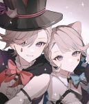  1boy 1girl animal_ears black_headwear blue_bow blue_bowtie bow bowtie braid brother_and_sister cat_ears closed_mouth facial_mark genshin_impact hair_over_one_eye hat highres looking_at_viewer lynette_(genshin_impact) lyney_(genshin_impact) multicolored_hair parted_lips pink_bow pink_bowtie pudding_15 purple_eyes siblings sidelocks smile star_(symbol) star_facial_mark streaked_hair teardrop_facial_mark top_hat upper_body 