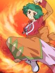  1girl brown_eyes choker clenched_hands dress farah_oersted fire green_hair highres looking_at_viewer open_mouth orange_dress red_choker shirako_(kirupi) short_hair solo tales_of_(series) tales_of_eternia 