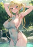  1girl alexmaster armpits arms_behind_head arms_up bare_shoulders bathing blonde_hair blush breasts collarbone contrapposto cowboy_shot dress elf green_dress green_eyes highres large_breasts long_hair looking_at_viewer open_mouth original pelvic_curtain pointy_ears revision see-through short_dress sideboob solo thighs twintails wading water wet wet_clothes 