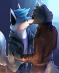  absurd_res anthro anthro_on_anthro blue_bottomwear blue_clothing blue_hair blue_pants bottomwear brown_clothing brown_topwear canid canine cheek_tuft clothed clothing dark_body dark_fur dark_jacket duo eyes_closed facial_markings facial_tuft fox fur grey_body grey_fur hair head_markings hi_res kissing kuttoyaki male male/male mammal markings neck_tuft pants purple_clothing purple_topwear short_hair signature simple_background standing topwear tuft 