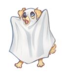  2023 anthro bed_sheet bedding blue_eyes canid canine canis digital_media_(artwork) domestic_dog fur mammal sheet_ghost simple_background solo tan_body tan_fur white_background yshanii 