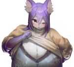  anthro big_breasts blush breasts canid canine cleavage clothed clothing clothing_lift female fox hair hi_res huge_breasts hyper hyper_breasts mammal one_eye_closed open_mouth purple_hair red_eyes simple_background solo utterangle wink 