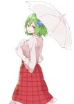  1girl blue_flower commentary flower frilled_skirt frills from_side green_hair hair_flower hair_ornament highres holding holding_umbrella kazami_yuuka long_sleeves looking_at_viewer plaid plaid_skirt red_eyes red_skirt shirt short_hair simple_background skirt solo tohoyuukarin touhou umbrella white_background white_shirt white_umbrella 