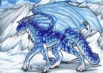  4_legs absurd_res blue_body blue_eyes blue_scales claws dragon dragonlovers dremora fangs female feral gradient_scales hi_res horn ice membrane_(anatomy) membranous_wings mountain_range painting_(artwork) scales sky snow solo tail tail_tip teeth toe_claws traditional_media_(artwork) twisted_horns watercolor_(artwork) white_body white_scales wings 