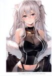  1girl absurdres animal_ears bare_shoulders breasts closed_mouth fur_trim grey_eyes grey_hair highres hololive large_breasts long_hair looking_at_viewer midriff off_shoulder scan shishiro_botan simple_background upper_body virtual_youtuber watao white_background 